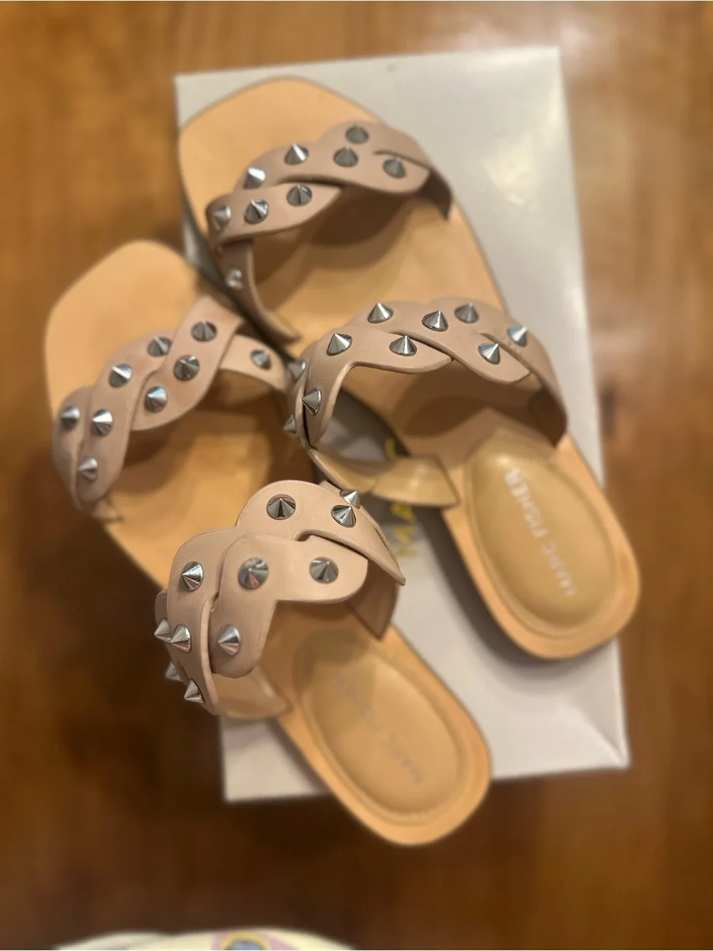 Marc Fisher Nude Studded Twist-Strap Slide Sandals